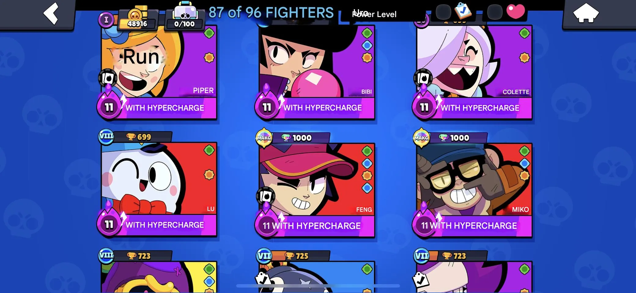 BS1911 48k Trophies 87 Brawlers 13 Hypercharges 17 Maxed incl Candy Cane Crow Winter Shelly Mutant Fang Lola Crow Kit Surge Gray 